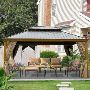 12'x16' hardtop gazebo outdoor aluminum wood grain gazebos with galvanized steel double canopy for patios deck backyard,curtains&netting