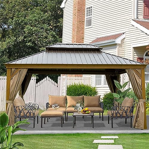 12'x16' Hardtop Gazebo Outdoor Aluminum Wood Grain Gazebos with Galvanized Steel Double Canopy for Patios Deck Backyard,Curtains&Netting