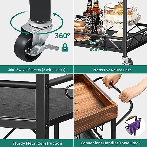 YITAHOME Industrial Bar Carts for The Home, Mobile Wine Serving Bar Cart on Wheels with Removable Wood Top Tray, 3 Tier Kitchen Cart Outdoor Mini Bar Home Bar with Drawer Wine Rack Glass Holder