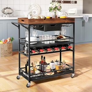 yitahome industrial bar carts for the home, mobile wine serving bar cart on wheels with removable wood top tray, 3 tier kitchen cart outdoor mini bar home bar with drawer wine rack glass holder
