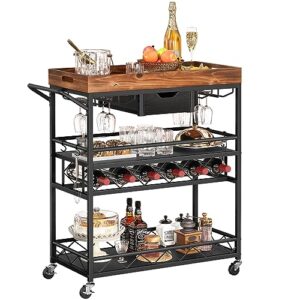 YITAHOME Industrial Bar Carts for The Home, Mobile Wine Serving Bar Cart on Wheels with Removable Wood Top Tray, 3 Tier Kitchen Cart Outdoor Mini Bar Home Bar with Drawer Wine Rack Glass Holder