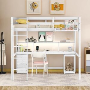 full loft bed with desk and led lights, wooden full size loft bed with storage and charging station, high loft bed frame for kids,teens, adults, no box spring needed (full, white)