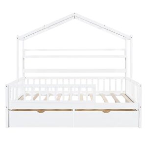 CKLMMC Full Size House Bed with 2 Drawers and 2 Shelves,Wooden Daybed Frame with Roof,Bedroom Furniture for Kids, Teens, Girls & Boys, Can Be Decorated (White/House-F)