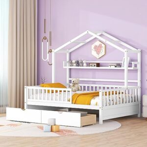 cklmmc full size house bed with 2 drawers and 2 shelves,wooden daybed frame with roof,bedroom furniture for kids, teens, girls & boys, can be decorated (white/house-f)