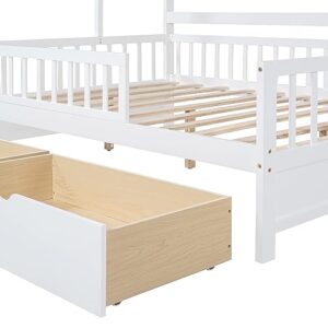 CKLMMC Full Size House Bed with 2 Drawers and 2 Shelves,Wooden Daybed Frame with Roof,Bedroom Furniture for Kids, Teens, Girls & Boys, Can Be Decorated (White/House-F)