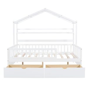 CKLMMC Full Size House Bed with 2 Drawers and 2 Shelves,Wooden Daybed Frame with Roof,Bedroom Furniture for Kids, Teens, Girls & Boys, Can Be Decorated (White/House-F)