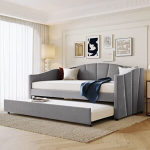 deyobed twin size upholstered, daybed frame sofa bed with trundle and wood slat for bedroom, living room, no spring box needed, gray