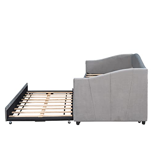 DEYOBED Twin Size Upholstered, Daybed Frame Sofa Bed with Trundle and Wood Slat for Bedroom, Living Room, No Spring Box Needed, Gray