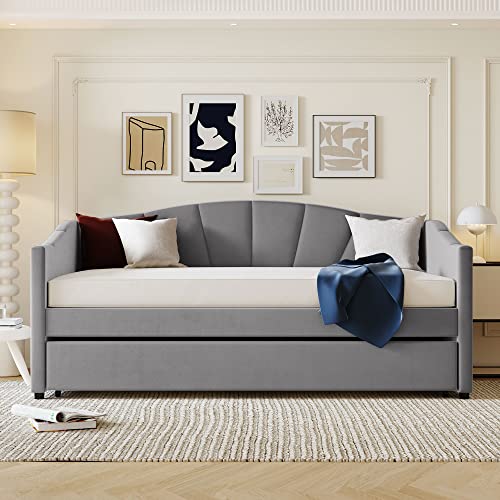 DEYOBED Twin Size Upholstered, Daybed Frame Sofa Bed with Trundle and Wood Slat for Bedroom, Living Room, No Spring Box Needed, Gray