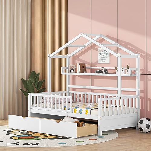 BEDGJH Twin Size House Bed with 2 Storage Drawers, House Bed Frames for Boys and Girls, Wooden Kids Bed Frame with Storage Shelves, Multifunctional Design, Easy Assemble (White, Twin)