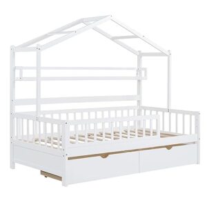 BEDGJH Twin Size House Bed with 2 Storage Drawers, House Bed Frames for Boys and Girls, Wooden Kids Bed Frame with Storage Shelves, Multifunctional Design, Easy Assemble (White, Twin)