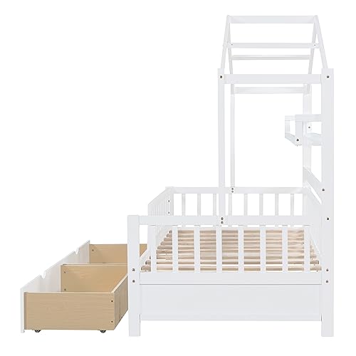 BEDGJH Twin Size House Bed with 2 Storage Drawers, House Bed Frames for Boys and Girls, Wooden Kids Bed Frame with Storage Shelves, Multifunctional Design, Easy Assemble (White, Twin)