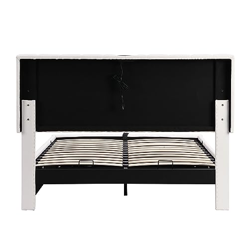 CKLMMC Modern Upholstered Platform Bed with Hydraulic Storage System,Full Size PU Storage Bed with LED Lights and USB Charger for Kids Teens Adults (White/PU-K)