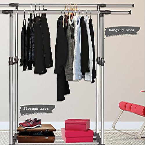 RUYICZB 2 Layer Floor Clothes Drying Rack Metal Drying Double Pole Clothes Rack with Wheels, Large Stainless Steel Expandable Clothes Drying Rack, Towel Rack for Indoor and Outdoor Use
