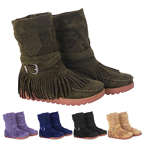 YfiDSJFGJ black booties for women casual toe retro short fringe round flat pointe toe low heel chunky block heel soft toe non-slip snow boots metallic cowgirl boots