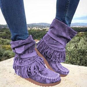 YfiDSJFGJ black booties for women casual toe retro short fringe round flat pointe toe low heel chunky block heel soft toe non-slip snow boots metallic cowgirl boots