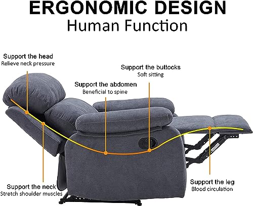 Dreamsir Recliner Chair Breathable Fabric Manual Single Sofa, Soft Living Room Chair Home Theater Lounge Seat, Removable Cushion, 34×34×38 inch, Grey