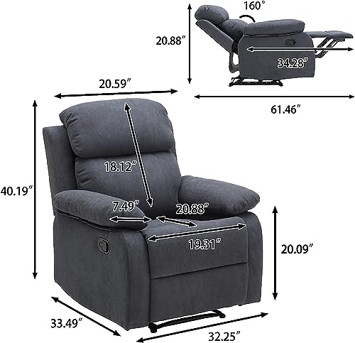 Dreamsir Recliner Chair Breathable Fabric Manual Single Sofa, Soft Living Room Chair Home Theater Lounge Seat, Removable Cushion, 34×34×38 inch, Grey