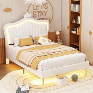 lucakuins led full size upholstered bed frame with led lights,modern upholstered princess bed with crown headboard,whit