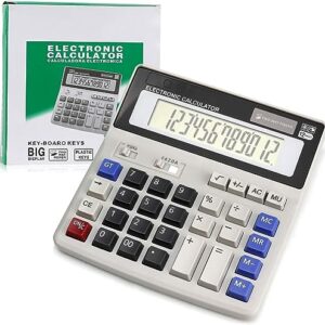 Calculator, Calculators Large Display and Buttons, Solar Battery Dual Power, Big Button 12 Digit Large LCD Display (White)