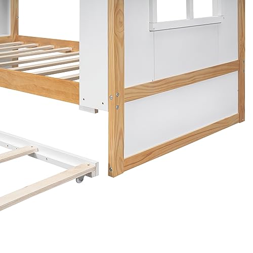 Harper & Bright Designs Twin House Bed for Kids,Wood House Bed with Trundle,Twin Size Platform Bed with Storage Shelves and Window,Twin Playhouse Bed for Girls Boys,White