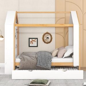harper & bright designs twin house bed for kids,wood house bed with trundle,twin size platform bed with storage shelves and window,twin playhouse bed for girls boys,white