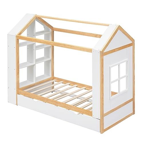 Harper & Bright Designs Twin House Bed for Kids,Wood House Bed with Trundle,Twin Size Platform Bed with Storage Shelves and Window,Twin Playhouse Bed for Girls Boys,White