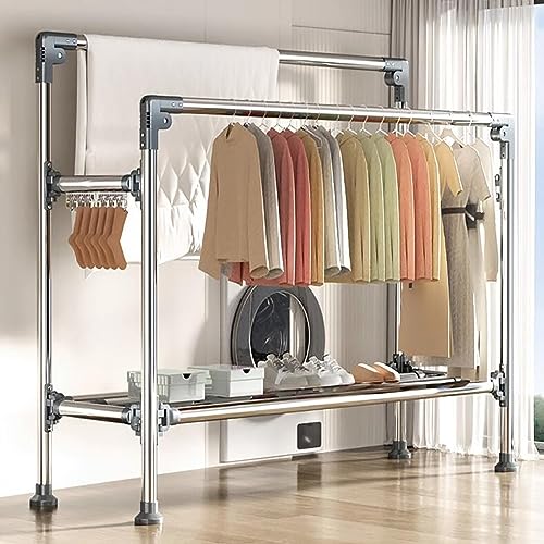 RUYICZB 2 Layer Floor Clothes Drying Rack Stainless Steel Drying Double Pole Clothes Rack for Indoor Outdoor, Free-Standing Large Laundry Rack Organizer for Clothes Lingerie Towels Linens