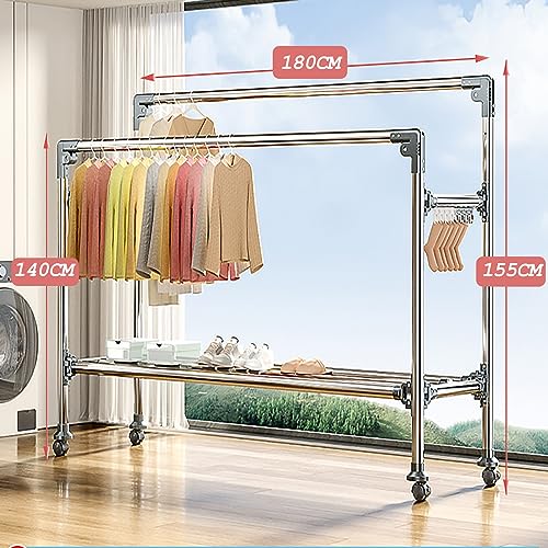 RUYICZB 2 Layer Floor Clothes Drying Rack Stainless Steel Drying Double Pole Clothes Rack for Indoor Outdoor, Free-Standing Large Laundry Rack Organizer for Clothes Lingerie Towels Linens