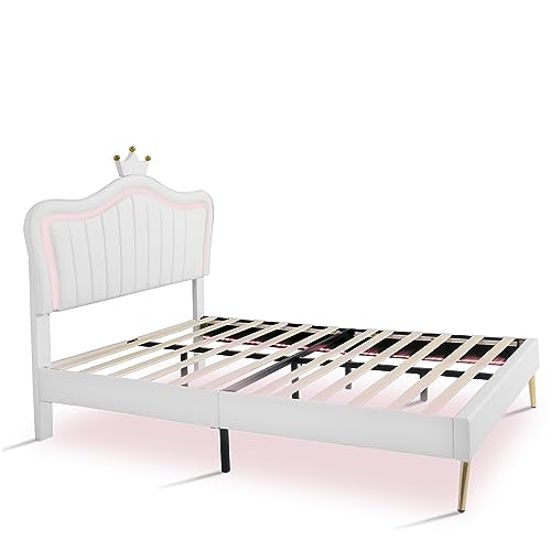 LED Full Bed Frame, Upholstered Platform Bed with Crown Headboard, Modern Faux Leather Princess Beds with Light for Kids Girls Boys Teens, No Box Spring Needed, White