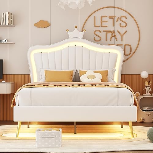 LED Full Bed Frame, Upholstered Platform Bed with Crown Headboard, Modern Faux Leather Princess Beds with Light for Kids Girls Boys Teens, No Box Spring Needed, White