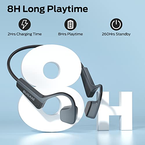 BUGANI Bone Conduction Headphones, Open Ear Headphones with Mic, Sweatproof & Waterproof Sports Wireless Headphones, 8H Playtime, Bluetooth 5.3, Type-C Fast Charge for Running, Driving, Hiking,Cycling