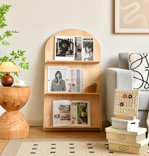 Heehee Solid Wood Bookshelf Bookcase Newspaper Rack Magazine Rack Arched Bookshelf Books and Newspaper Display Rack (3-Tier)