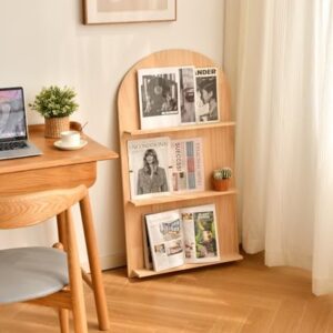 Heehee Solid Wood Bookshelf Bookcase Newspaper Rack Magazine Rack Arched Bookshelf Books and Newspaper Display Rack (3-Tier)