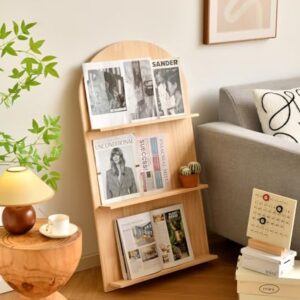 Heehee Solid Wood Bookshelf Bookcase Newspaper Rack Magazine Rack Arched Bookshelf Books and Newspaper Display Rack (3-Tier)