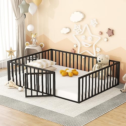 WADRI Metal Floor Bed Frame with Fence-Shaped Safety Guardrails and Door, Queen Size Floor Bed, Montessori Bed Platform Bed Frame for Kids Boys Girls Bedroom (Black + Metal-11)