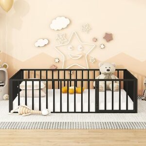 WADRI Metal Floor Bed Frame with Fence-Shaped Safety Guardrails and Door, Queen Size Floor Bed, Montessori Bed Platform Bed Frame for Kids Boys Girls Bedroom (Black + Metal-11)