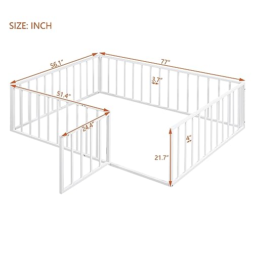 SIYSNKSI Full Size Floor Bed with Fence and Door, Metal Floor Bed Frame, Montessori Bed Platform Bed Frame for Kids Boys Girls, Easy Assembly (White + Metal-2)