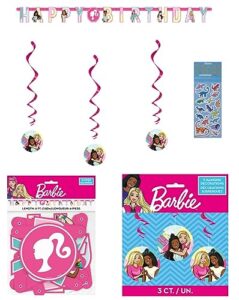 barbie birthday party supplies bundle includes 1 happy birthday banner, 3 hanging swirl decorations, 1 dinosaur sticker sheet