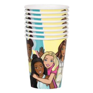 Unique Barbie Birthday Party Supplies Bundle includes 16 Party Paper Cups and 1 Dinosaur Sticker Sheet
