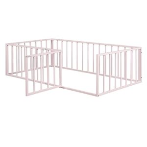 SIYSNKSI Twin Size Floor Bed with Fence and Door, Metal Floor Bed Frame, Montessori Bed Platform Bed Frame for Kids Boys Girls, Easy Assembly (Pink + Metal-3)