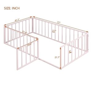 SIYSNKSI Twin Size Floor Bed with Fence and Door, Metal Floor Bed Frame, Montessori Bed Platform Bed Frame for Kids Boys Girls, Easy Assembly (Pink + Metal-3)