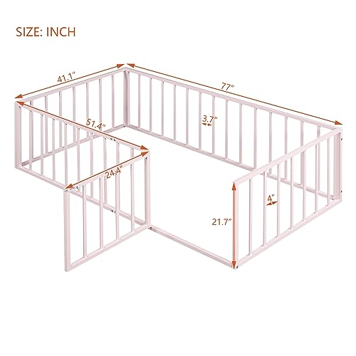 SIYSNKSI Twin Size Floor Bed with Fence and Door, Metal Floor Bed Frame, Montessori Bed Platform Bed Frame for Kids Boys Girls, Easy Assembly (Pink + Metal-3)