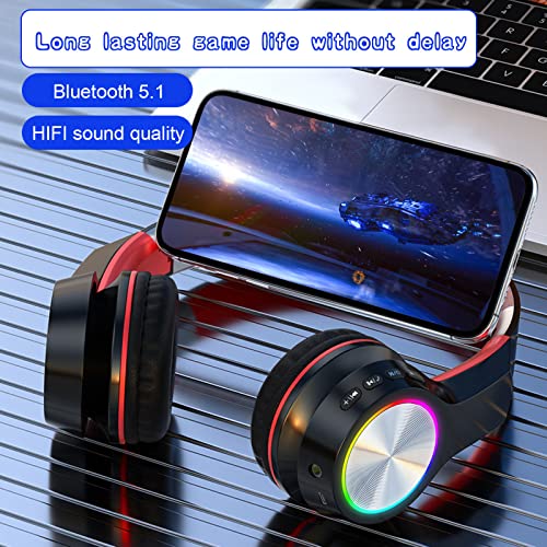 Wireless Headphones Foldable Gaming Headset Bluetooth Earphones Over Ear Headphones Wireless Headset with Deep Bass Built-in Mic Wired Mode On-Ear Gym Headphones (Red)