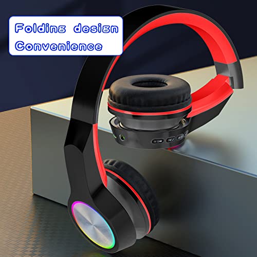 Wireless Headphones Foldable Gaming Headset Bluetooth Earphones Over Ear Headphones Wireless Headset with Deep Bass Built-in Mic Wired Mode On-Ear Gym Headphones (Red)