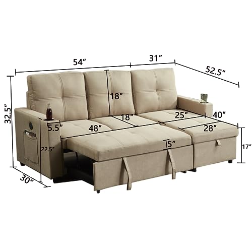 INSTORY Mid-Century Modern Linen Sofa L-Shaped Sectional Sofa Pull Out Sofa Bed Convertible Sleeper Sofabed with Storage Chaise & USB & Cup Holder for Living Room-Brown