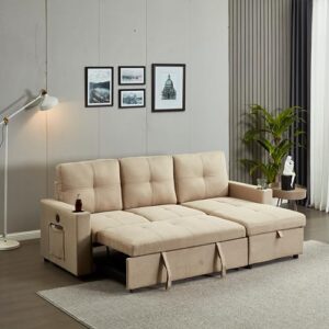 INSTORY Mid-Century Modern Linen Sofa L-Shaped Sectional Sofa Pull Out Sofa Bed Convertible Sleeper Sofabed with Storage Chaise & USB & Cup Holder for Living Room-Brown