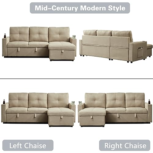 INSTORY Mid-Century Modern Linen Sofa L-Shaped Sectional Sofa Pull Out Sofa Bed Convertible Sleeper Sofabed with Storage Chaise & USB & Cup Holder for Living Room-Brown