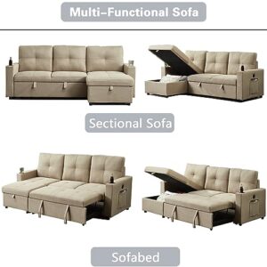 INSTORY Mid-Century Modern Linen Sofa L-Shaped Sectional Sofa Pull Out Sofa Bed Convertible Sleeper Sofabed with Storage Chaise & USB & Cup Holder for Living Room-Brown