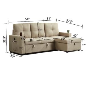 INSTORY Mid-Century Modern Linen Sofa L-Shaped Sectional Sofa Pull Out Sofa Bed Convertible Sleeper Sofabed with Storage Chaise & USB & Cup Holder for Living Room-Brown